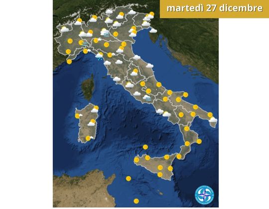 Meteo OGGI martedì 27 dicembre